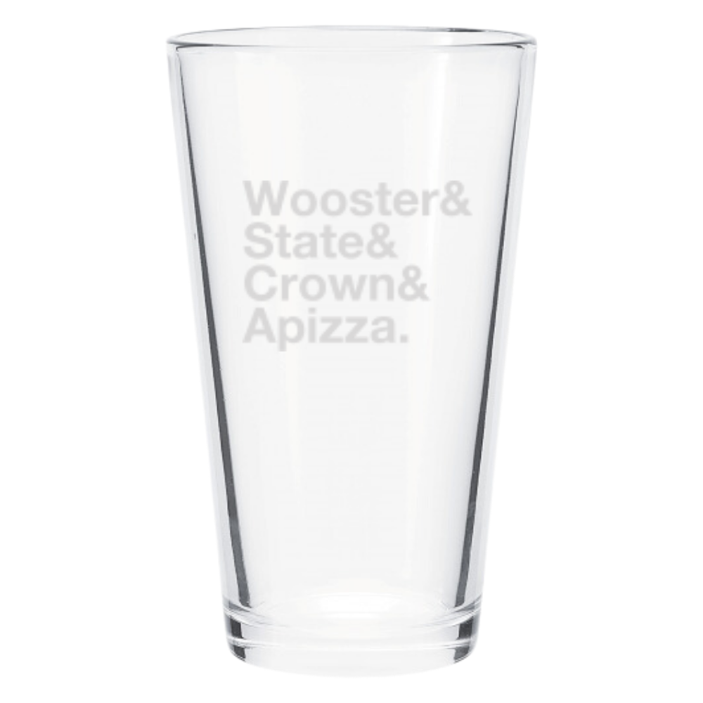 WOOSTER & STATE & CROWN 16 OZ PINT GLASS